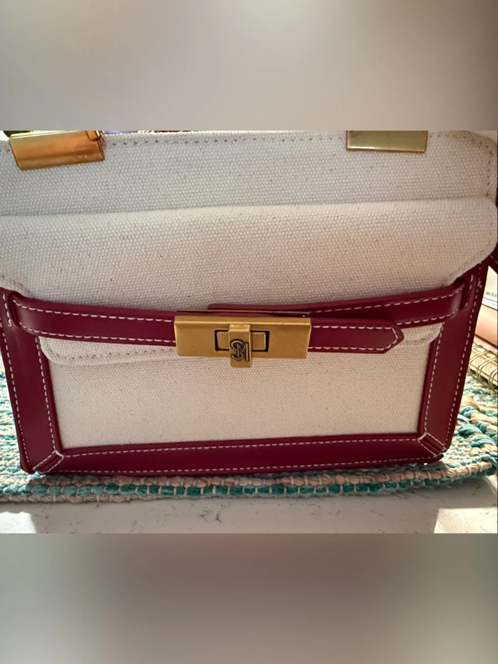 🌷new🌷 Steve Madden Cream Canvas Satchel with Burgundy Trim and Gold Hardware